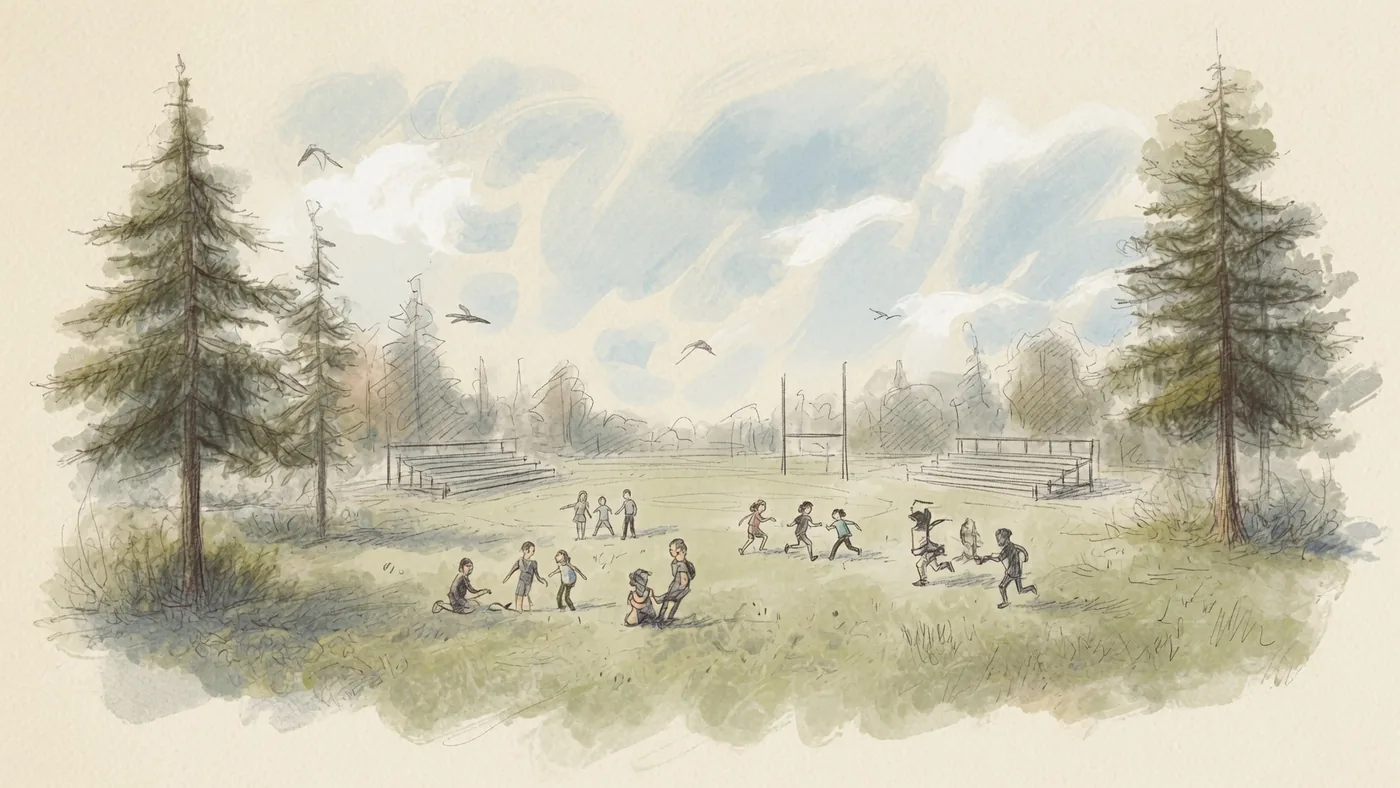 Children playing on a grassy field ringed by pines