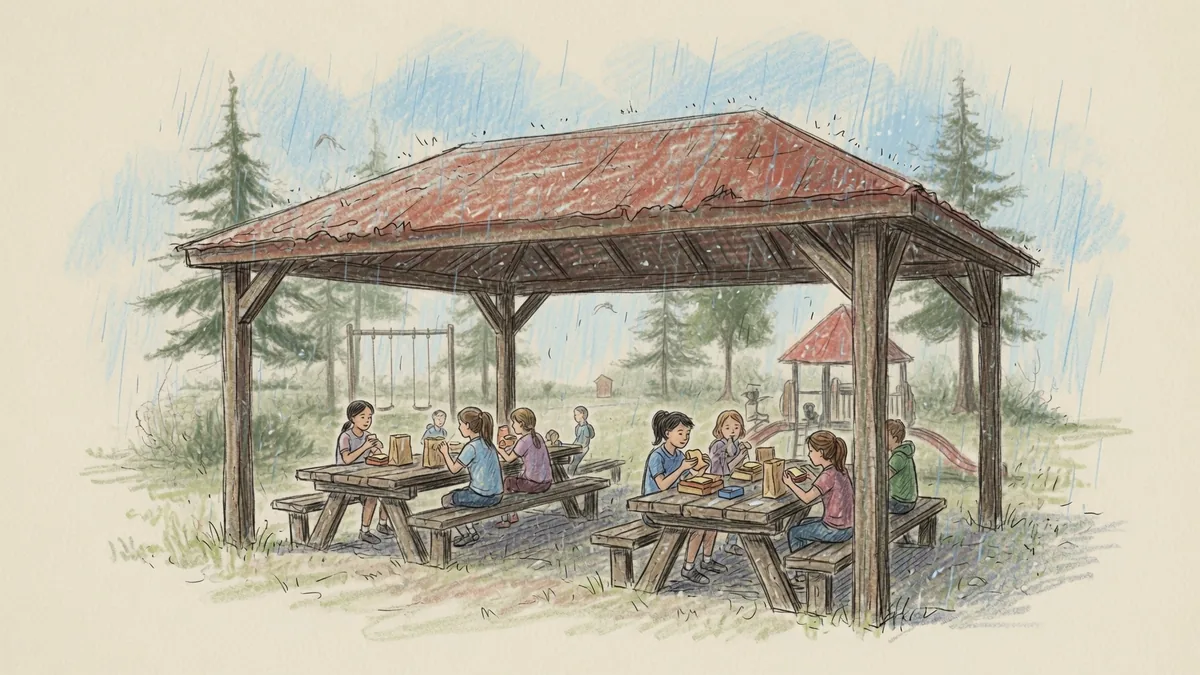 Children sharing lunch and conversation under a pavilion