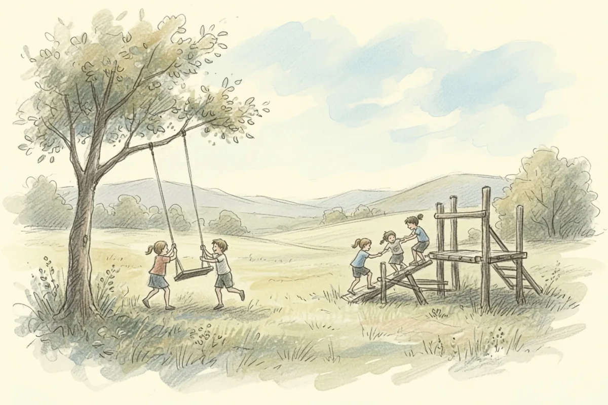 Children playing on a tree swing and a wooden climbing fort in rolling hills