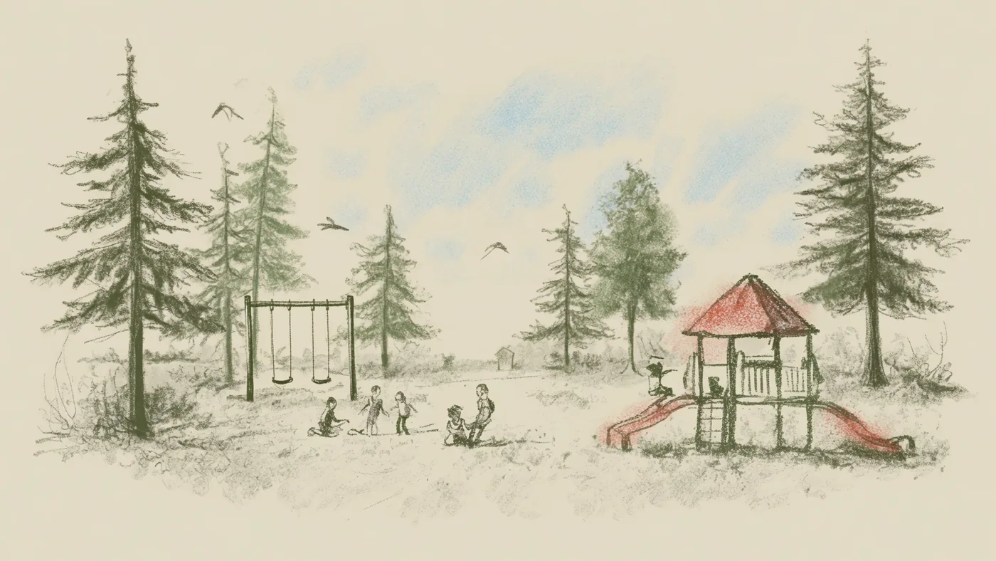 A playground among the pines with a red-roofed play fort