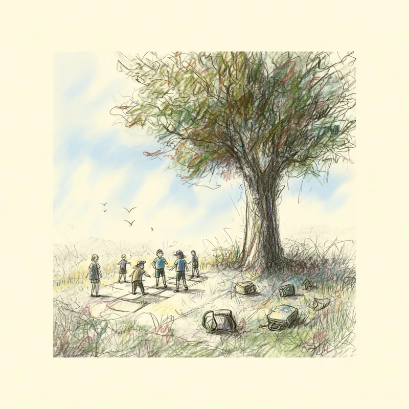 Children playing hopscotch under a big tree, backpacks resting in the grass