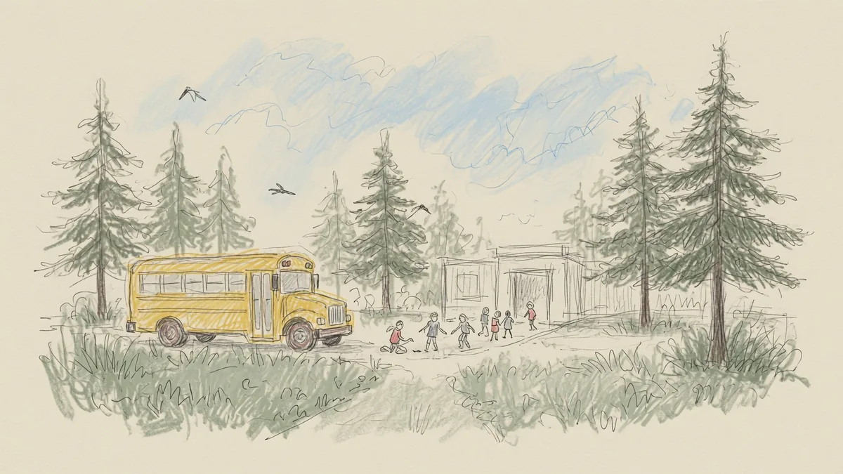 A yellow school bus arriving through the pines as children head in