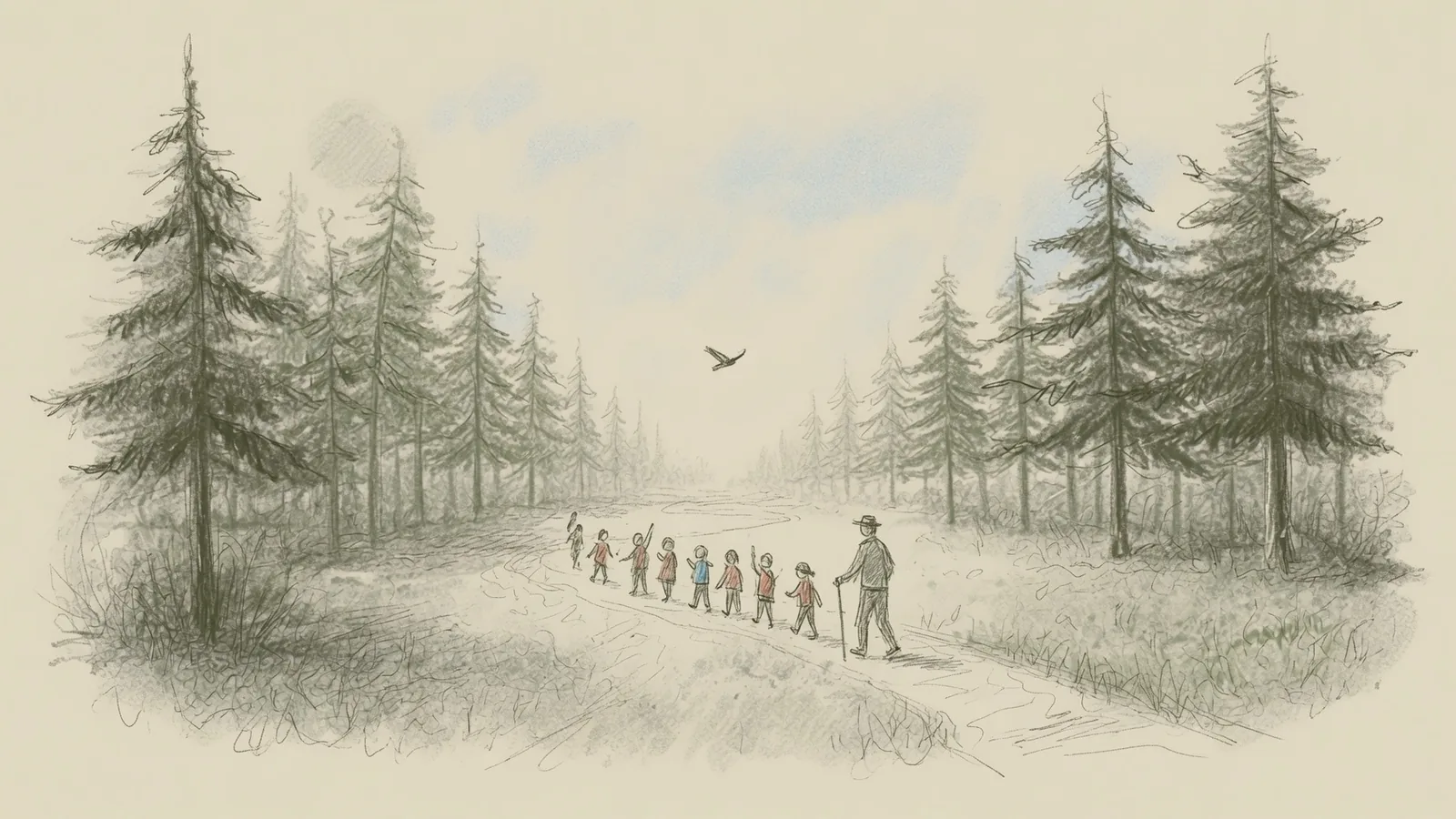 Children walking a path through the pines with a guide